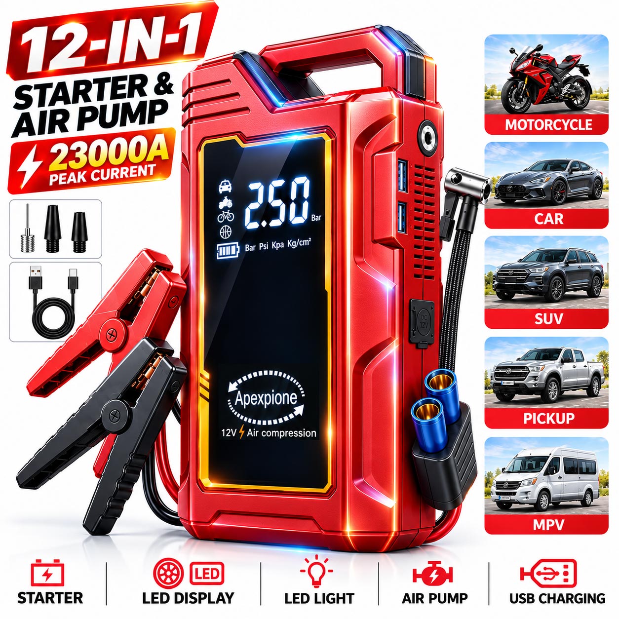 Portable Air Compressor 12V Digital - Démarreur de secours portable pour voiture